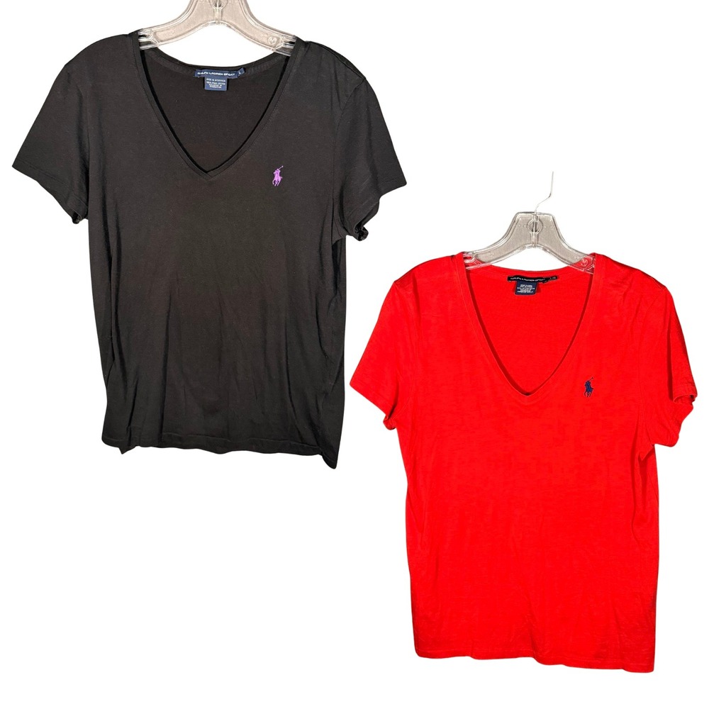 Ralph Lauren Sport V-Neck T-Shirt Lot of 2 Red Black Pima Cotton Womens Large